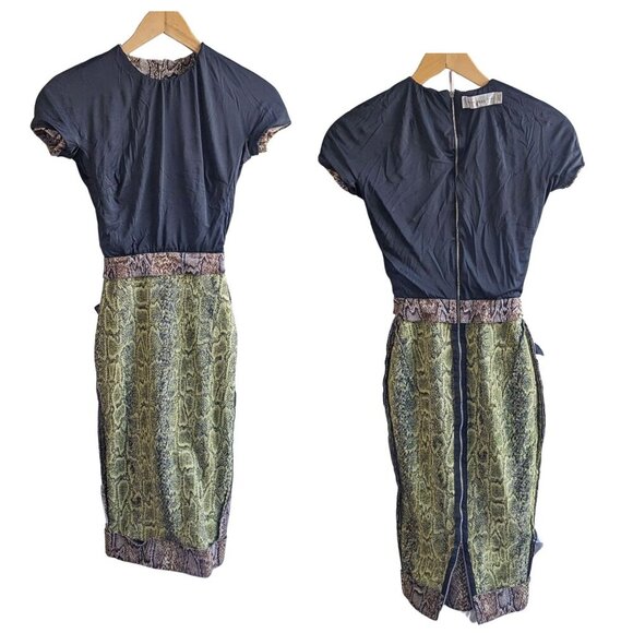 VICTORIA BECKHAM Brown Snake Jacquard Sheath Midi Dress Cap Sleeve Sz UK 8/US 4 - Picture 5 of 10